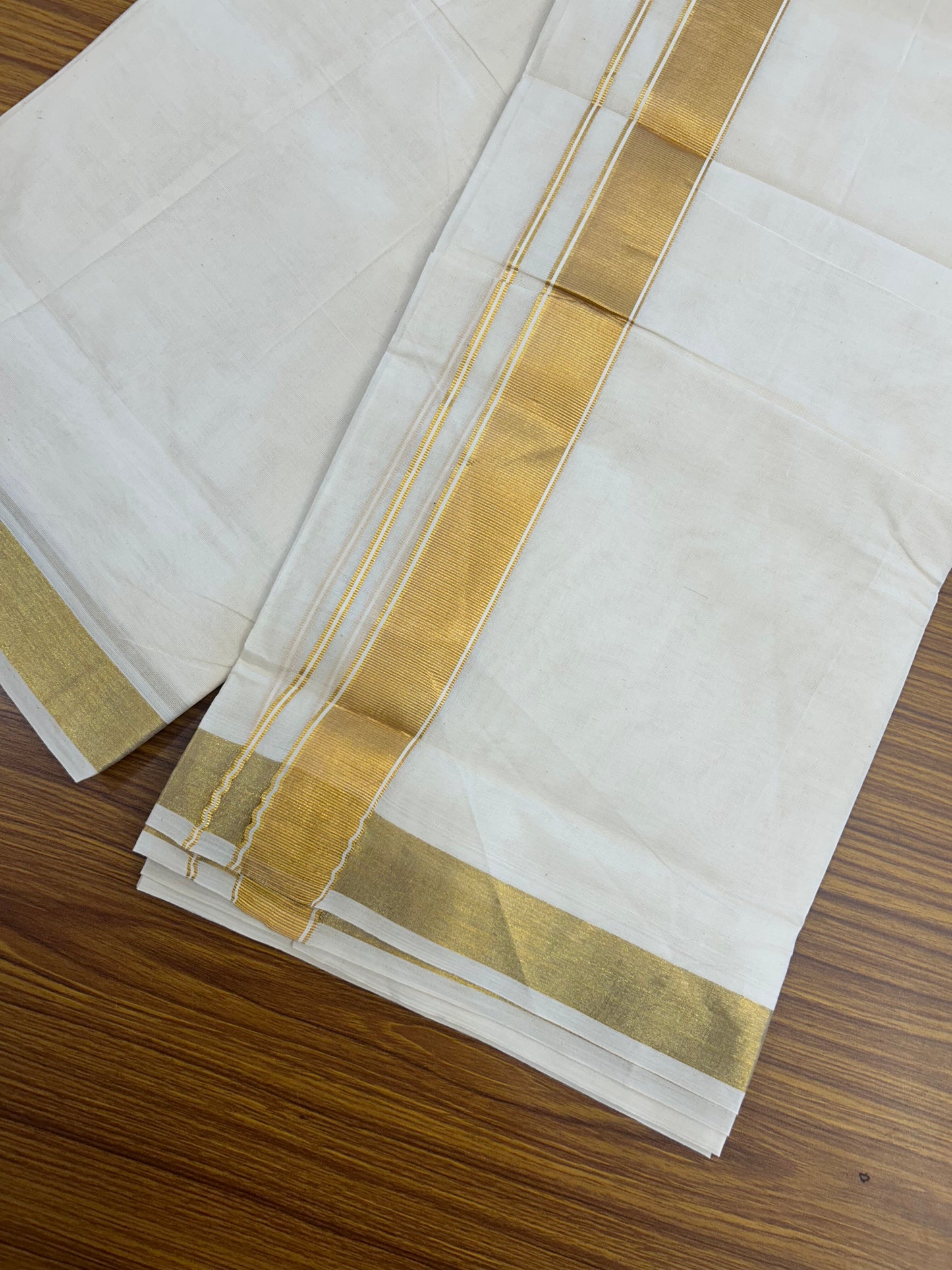 20% Discount! Kaitharikada Balaramapuram 100% Cotton Off White Double Mundu/Dothi  - 100x80 - 1.5 Inch Gold Kasav striped Kara 4 mtr (8.5 muzham)  - 198 KK5361 PMC