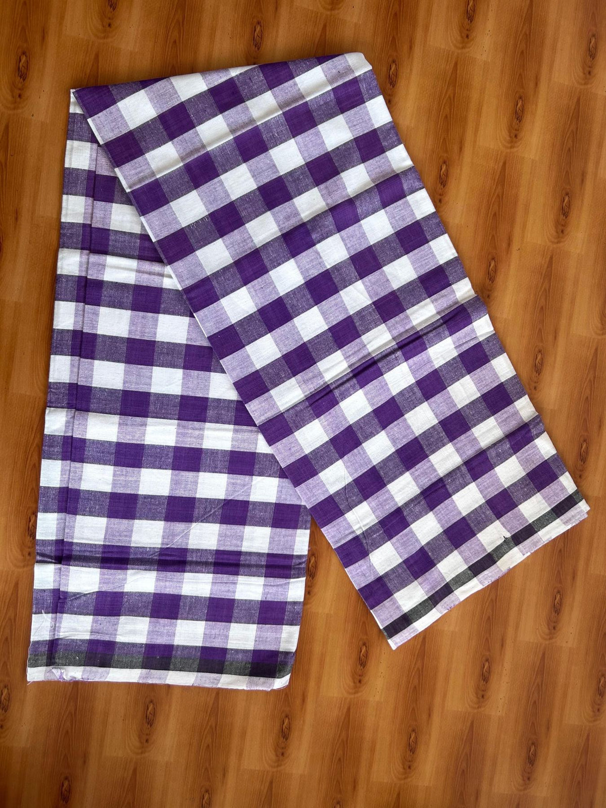 Kerala Handloom - Signature Kaitharikada - 100% Pure Cotton - 2/40sX26s Twisted Thread - Handloom Single Mundu/Dhoti - Violet & White Check Body  - 2 mtr - 42 KK8080 KAL