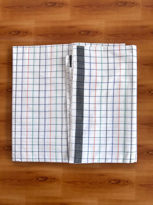 Kerala Handloom - Signature Kaitharikada - 100% Pure Cotton - 2/80sX80s Twisted Thread - Handloom Single Mundu/Dhoti - White & Multi colour Check Body  - 2 mtr - 43 KK8080 KAL