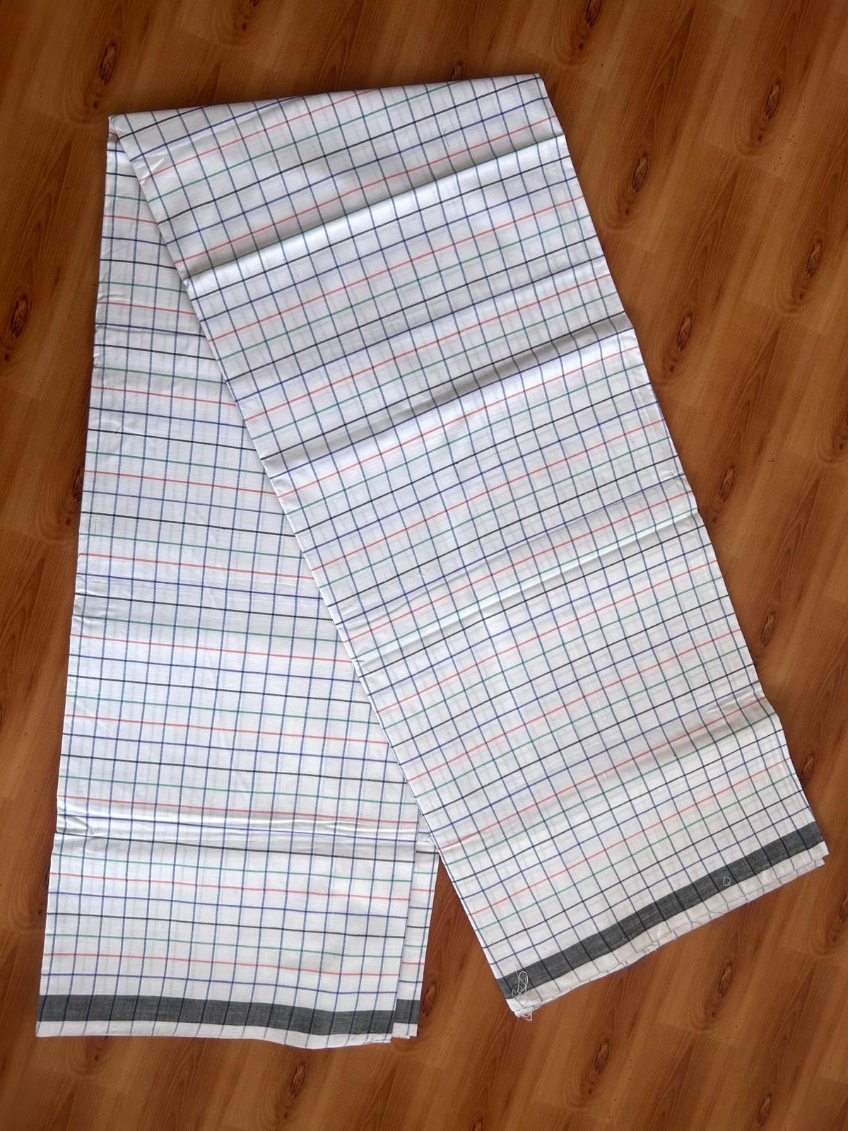 Kerala Handloom - Signature Kaitharikada - 100% Pure Cotton - 2/80sX80s Twisted Thread - Handloom Single Mundu/Dhoti - White & Multi colour Check Body  - 2 mtr - 43 KK8080 KAL