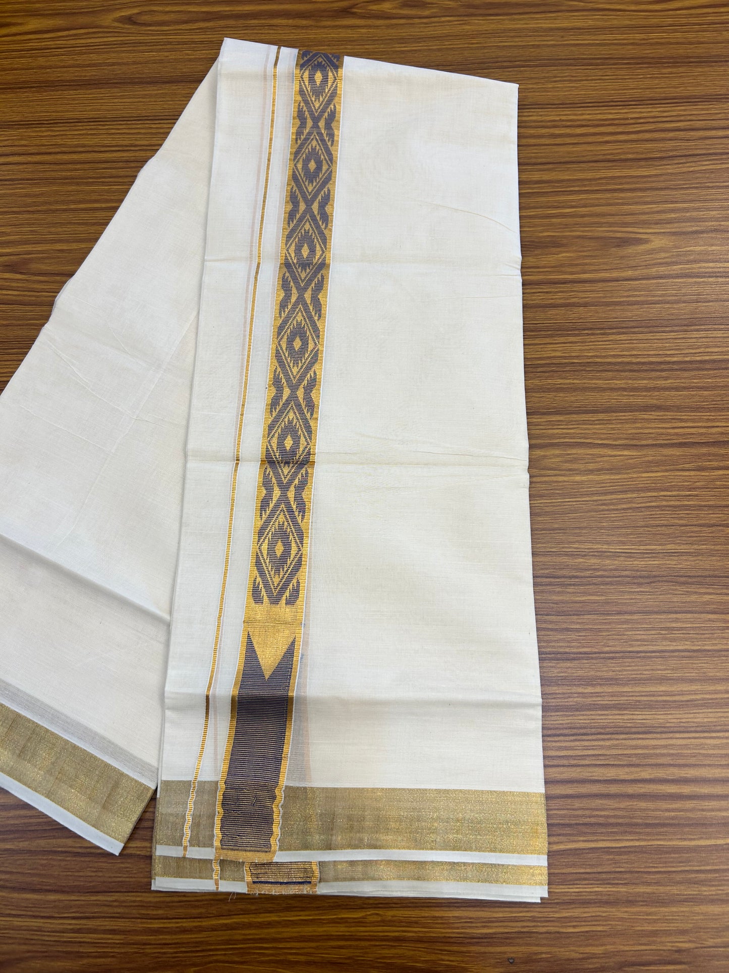 20% Discount! KaithariKada Balaramapuram Double Off White - (Unbleached) Mund/Dhoti - Mixed Cotton (80s) - 1.5 inch Kasav Royal Blue Jacquard design chutty Kara 4.00 mtr (8.5 Muzham) - 204 KK5361 PMC