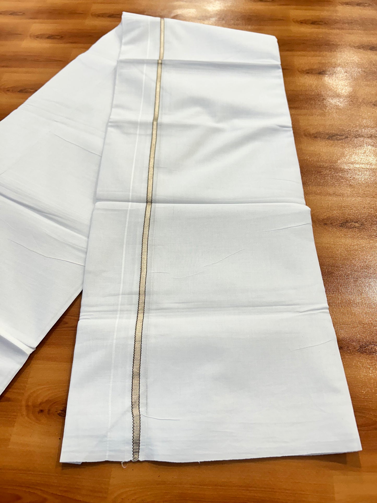 Double Pure White Mundu/ Dhoti - 20% Discount ! Kaitharikada Balaramapuram 100% Cotton 100x80 - 0.75 inch Silver Kasav & Brown Striped Puliyilakkara One Side Chutty Kara 3.90 mtr (8 muzham) - 9 KK5446 VAS