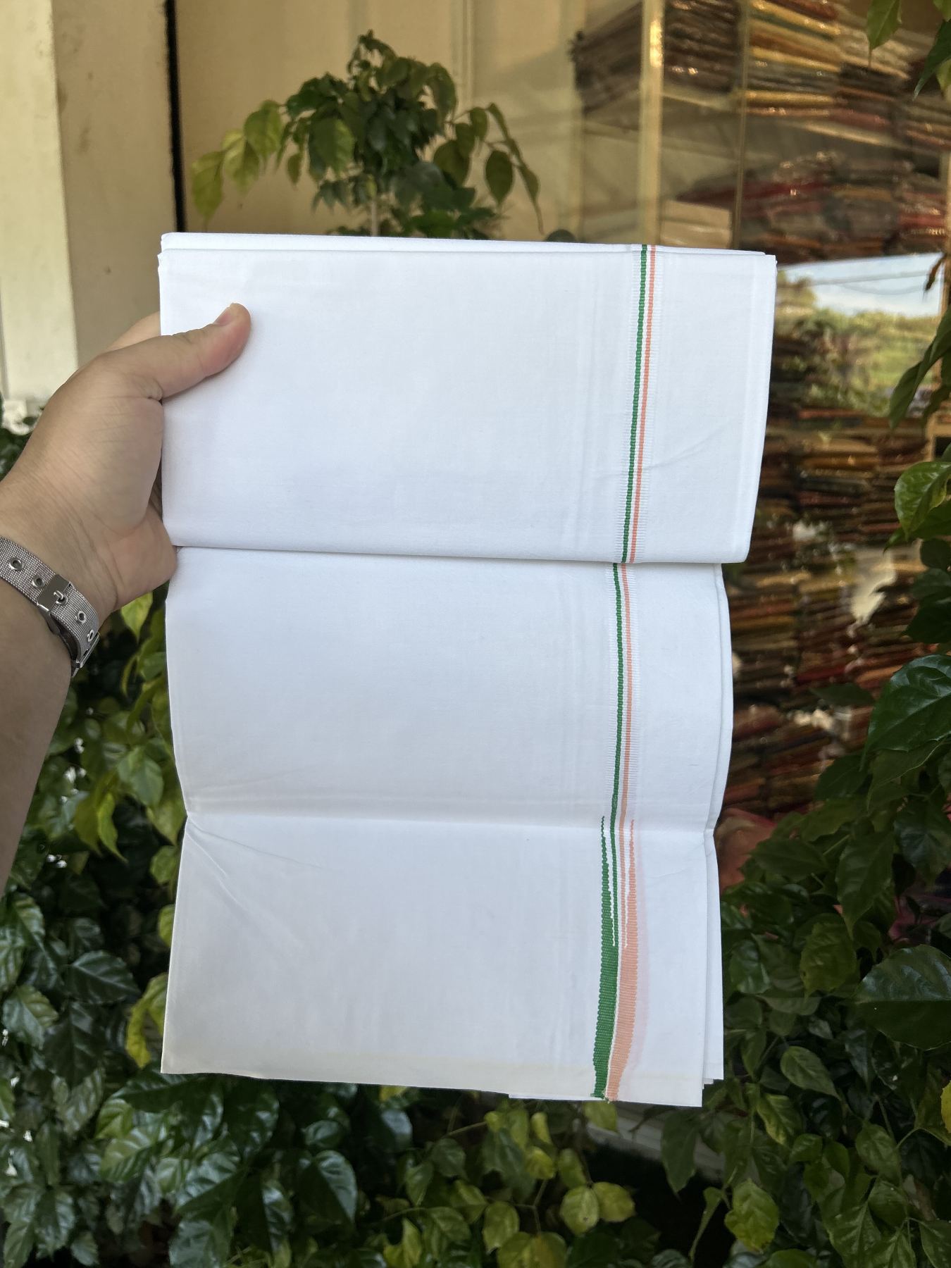 20% Discount ! KaithariKada 100% Cotton Single Pure White Mundu/Dhoti - Twisted 100s Thread - 0.5 inch Puliyilakkara Peach White & Green Chutty Kara (2 meter / 4 muzham) - 5 KK5336 ASH