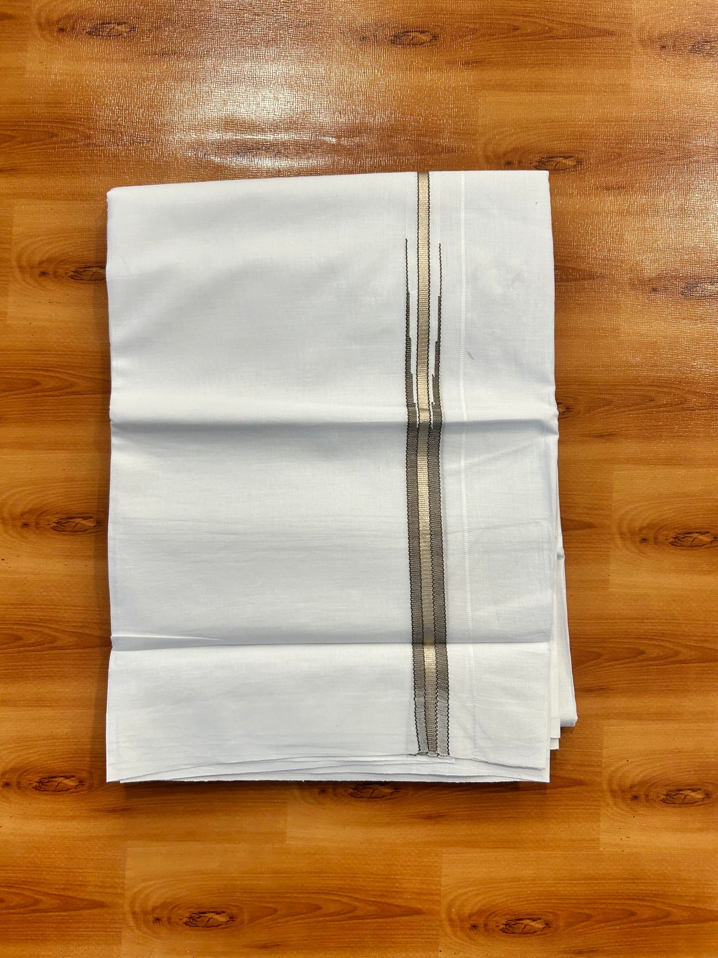 Double Pure White Mundu/ Dhoti - 20% Discount ! Kaitharikada Balaramapuram 100% Cotton 100x80 - 0.75 inch Silver Kasav & Brown Striped Puliyilakkara One Side Chutty Kara 3.90 mtr (8 muzham) - 9 KK5446 VAS