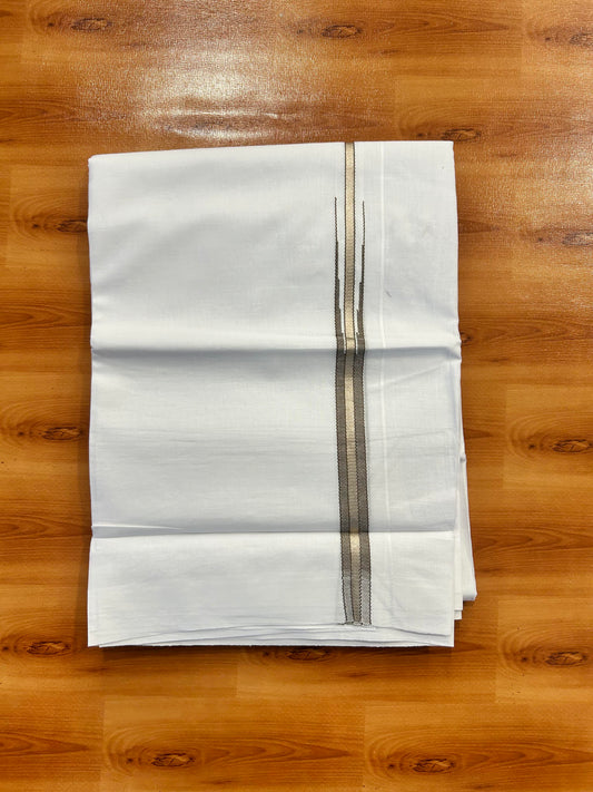 Double Pure White Mundu/ Dhoti - 20% Discount ! Kaitharikada Balaramapuram 100% Cotton 100x80 - 0.75 inch Silver Kasav & Brown Striped Puliyilakkara One Side Chutty Kara 3.90 mtr (8 muzham) - 9 KK5446 VAS