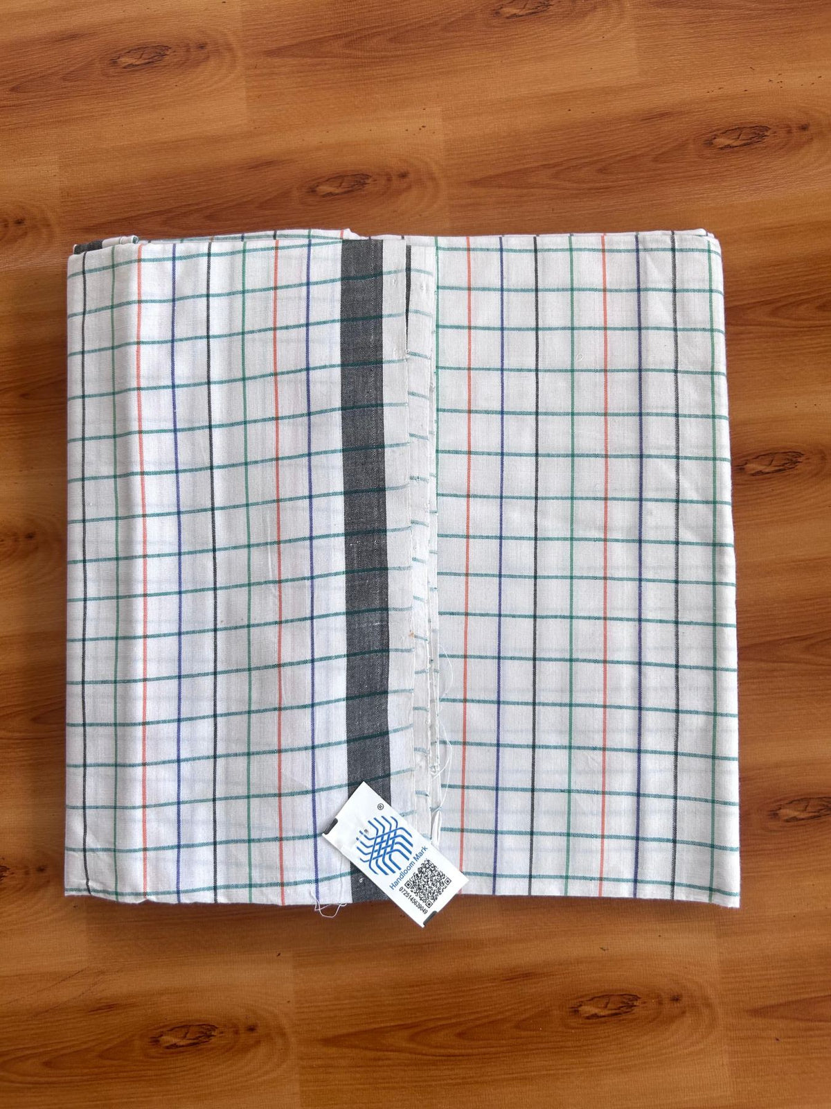 Kerala Handloom - Signature Kaitharikada - 100% Pure Cotton - 2/80sX80s Twisted Thread - Handloom Single Mundu/Dhoti - White Green & Multi colour Check Body  - 2 mtr - 44 KK8080 KAL