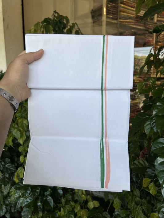 20% Discount ! KaithariKada 100% Cotton Single Pure White Mundu/Dhoti - Twisted 100s Thread - 0.75 inch Puliyilakkara Peach White & Green Chutty Kara (2 meter / 4 muzham) - 4 KK5336 ASH