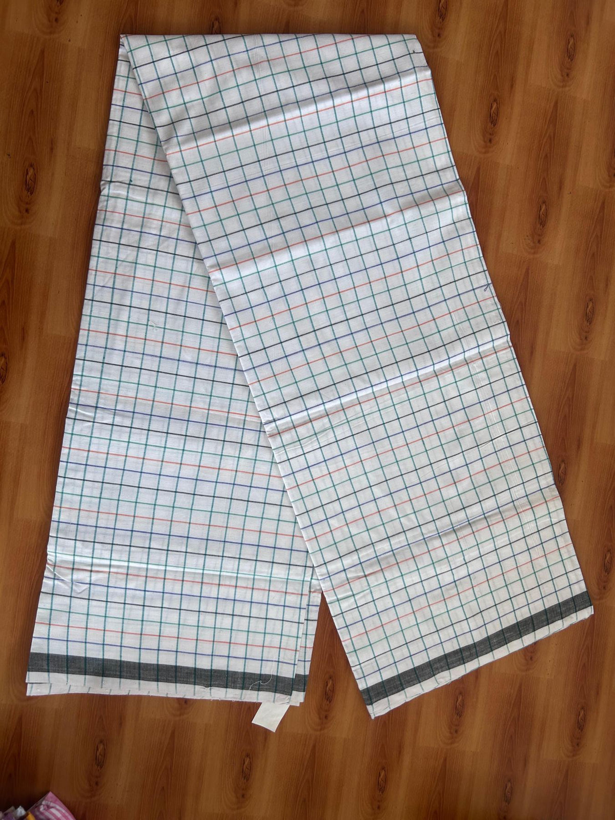 Kerala Handloom - Signature Kaitharikada - 100% Pure Cotton - 2/80sX80s Twisted Thread - Handloom Single Mundu/Dhoti - White Green & Multi colour Check Body  - 2 mtr - 44 KK8080 KAL