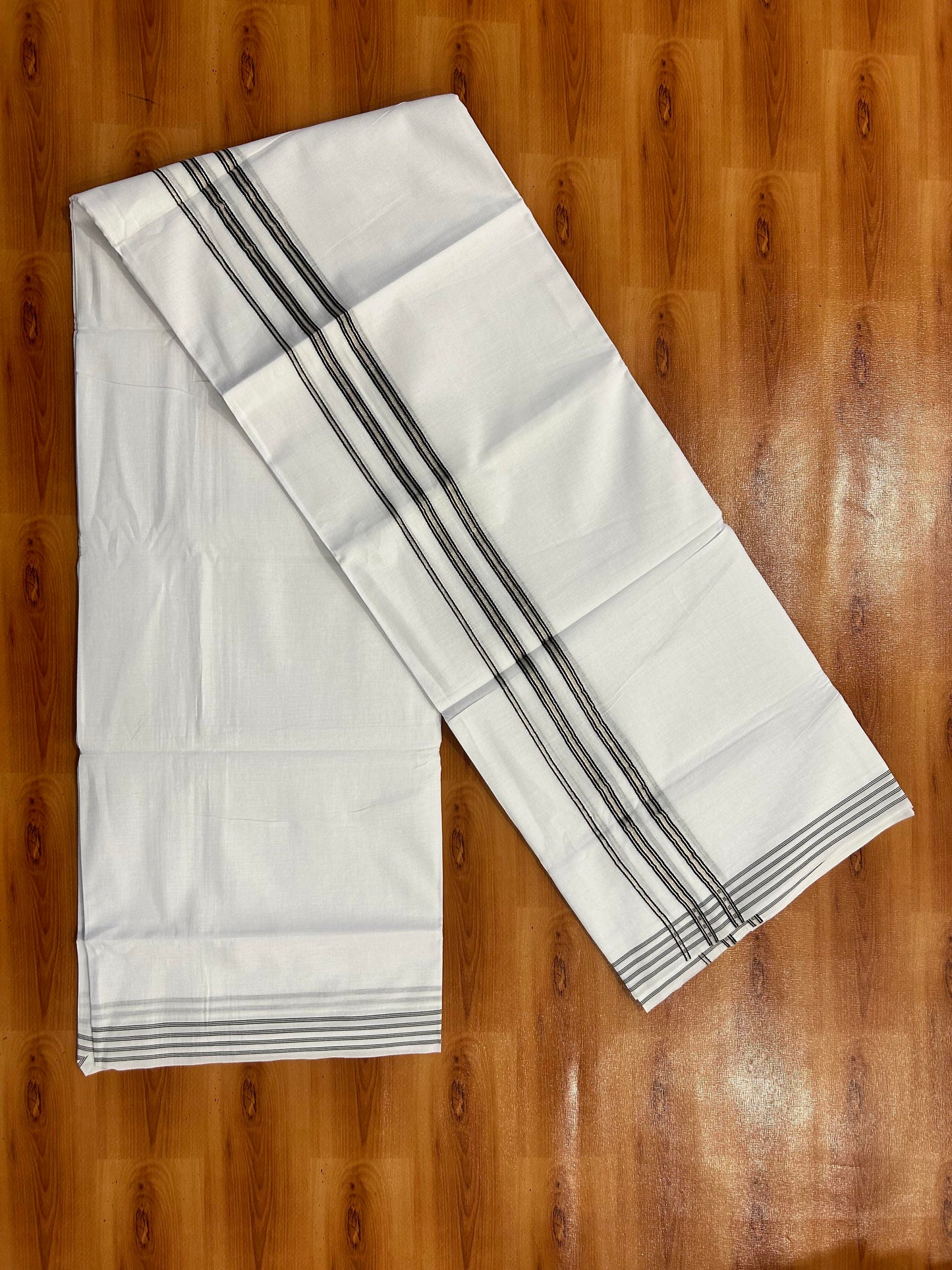 Double Pure White Mundu/Dhoti - 20% Discount ! Kaitharikada Balaramapuram 100% Cotton 100x80 - 1.25 Inch Silver Kasav & Black Striped Kara 3.90 mtr (8 muzham) - 4 KK5446 VAS