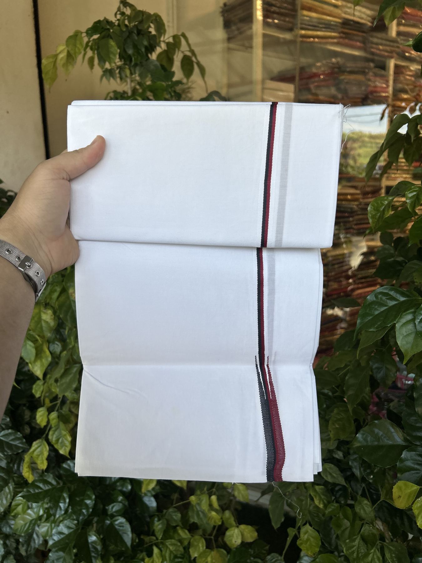 Dmk Veshti - 20% Discount !! KaithariKada Balaramapuram Pure White Single Mundu/Dhoti - 100X100 - Puliyilakkara 0.5 inch Maroon & Black Chutty Kara (2 meter / 4 muzham) - 2 KK5336 ASH