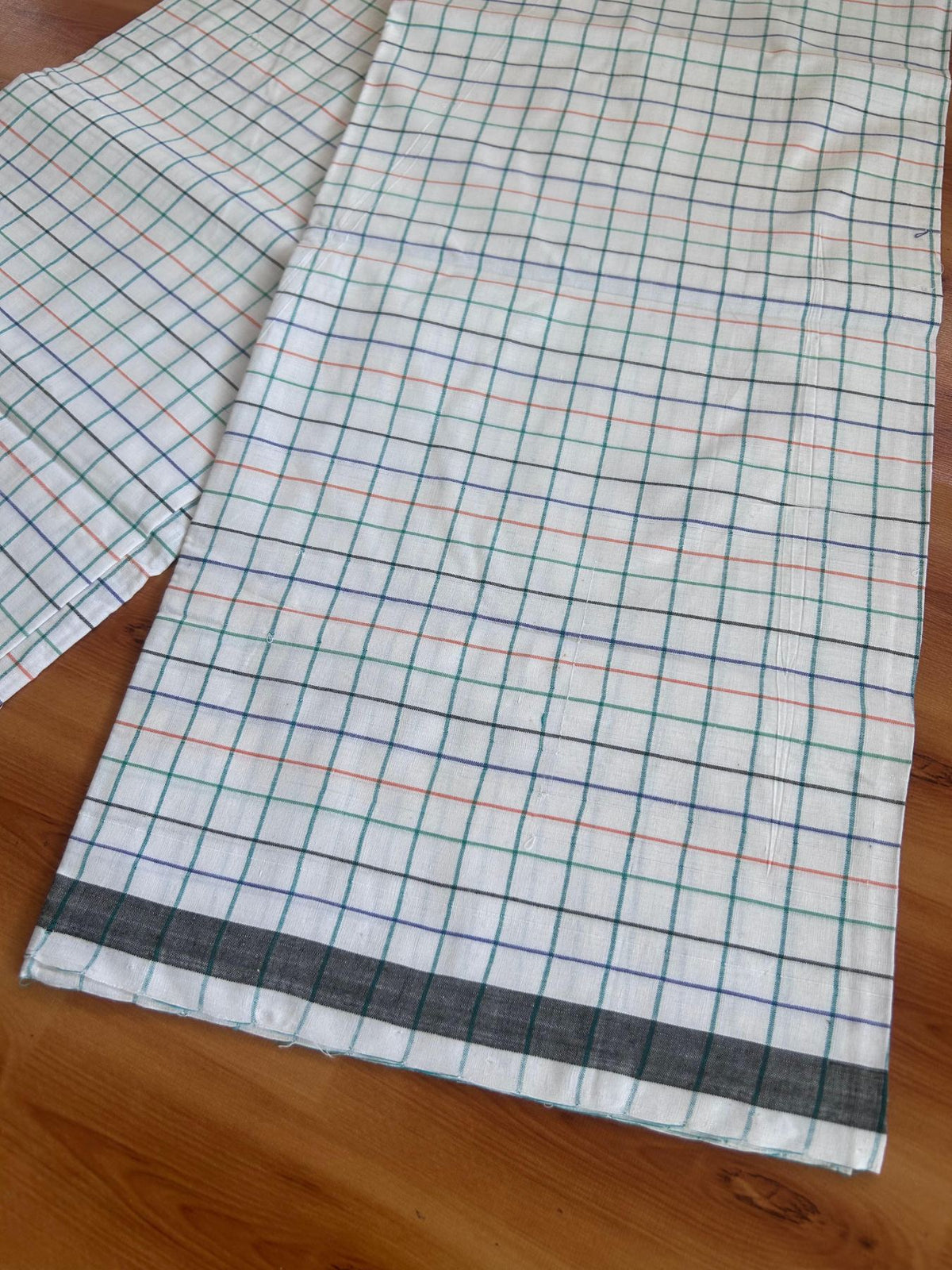 Kerala Handloom - Signature Kaitharikada - 100% Pure Cotton - 2/80sX80s Twisted Thread - Handloom Single Mundu/Dhoti - White Green & Multi colour Check Body  - 2 mtr - 44 KK8080 KAL