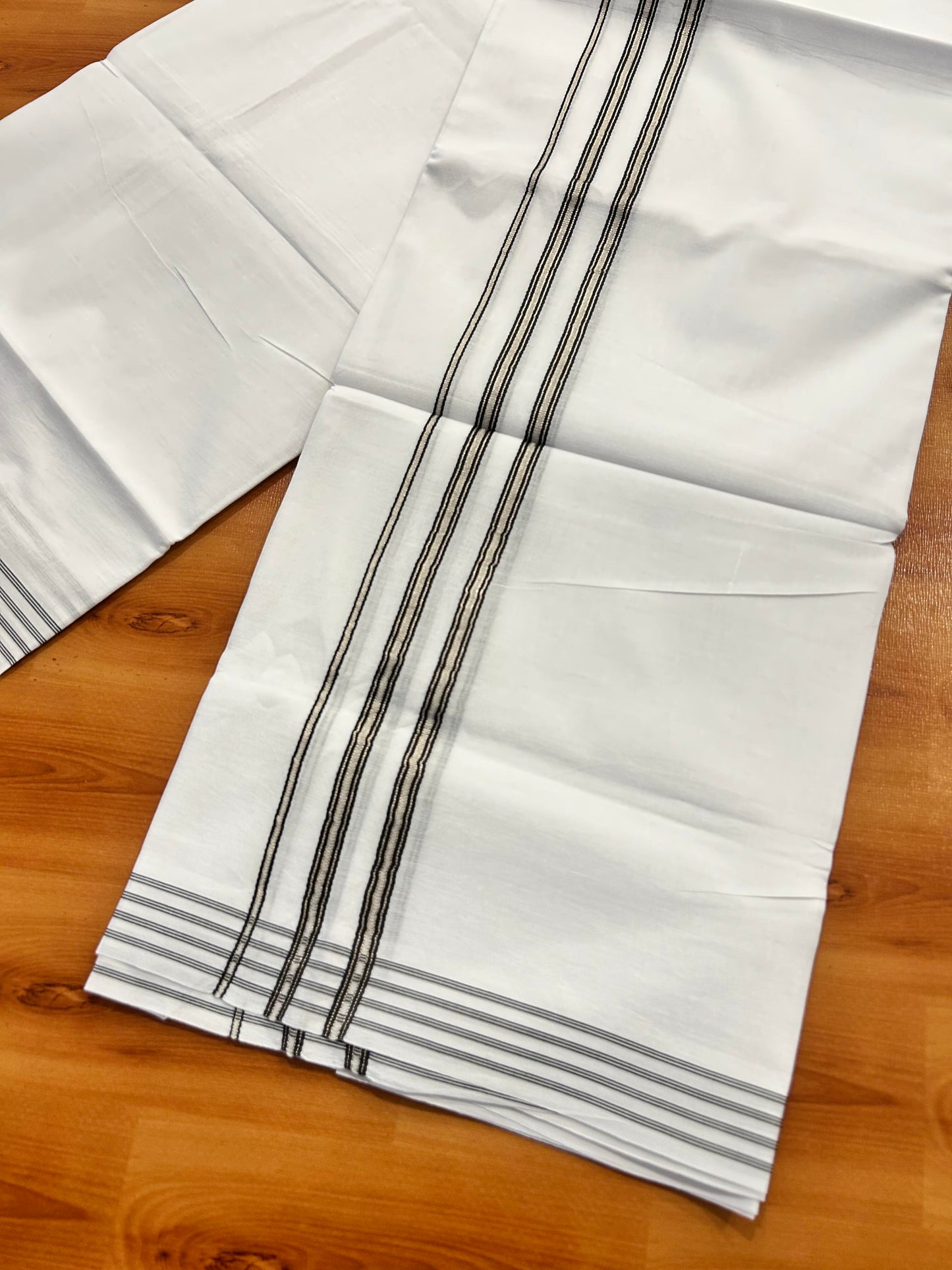 Double Pure White Mundu/Dhoti - 20% Discount ! Kaitharikada Balaramapuram 100% Cotton 100x80 - 1.25 Inch Silver Kasav & Black Striped Kara 3.90 mtr (8 muzham) - 4 KK5446 VAS