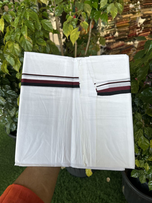 Dmk Veshti - 25% Discount!!! KaithariKada Handloom Unakkupaav - Kerala Handloom - 100% Cotton Pure White Double Mundu/Dhoti - 100X80 - 1.5 cm Maroon & Black kara - 1 KK5336 REA