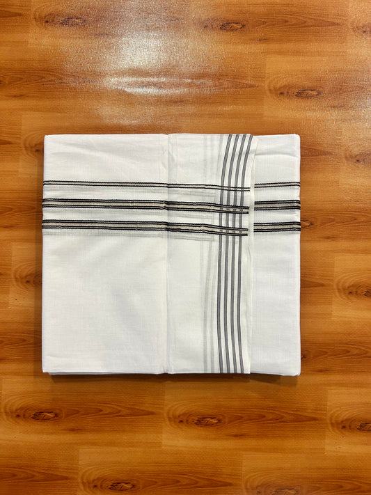 Double Pure White Mundu/Dhoti - 20% Discount ! Kaitharikada Balaramapuram 100% Cotton 100x80 - 1.25 Inch Silver Kasav & Black Striped Kara 3.90 mtr (8 muzham) - 4 KK5446 VAS