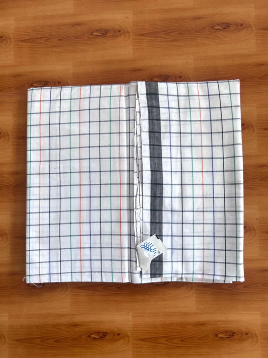 Kerala Handloom - Signature Kaitharikada - 100% Pure Cotton - 2/80sX80s Twisted Thread - Handloom Single Mundu/Dhoti - White Black & Multi colour Check Body  - 2 mtr - 45 KK8080 KAL