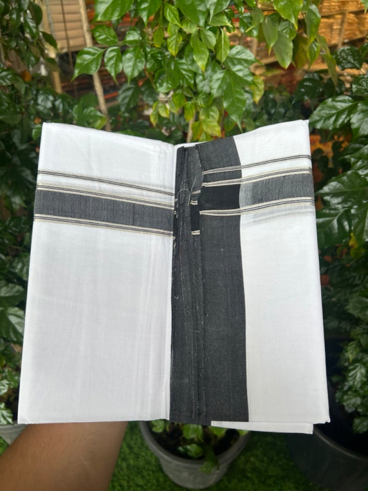 25% Discount!!! KaithariKada Handloom Unakkupaav Balaramapuram - 100% Pure Cotton Pure White Double Mundu/Dhoti - 80x90 - 1.25 inch Silver Kasav & Black striped kara 4 Mtr (8.5 Muzham) - 19 KK5263 YAR