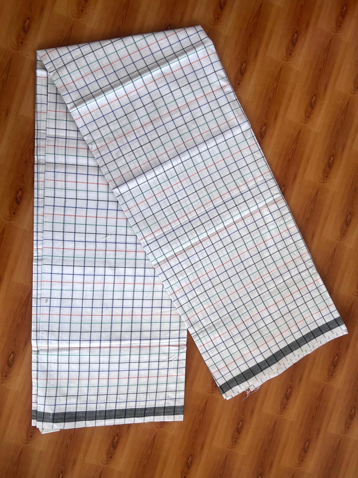 Kerala Handloom - Signature Kaitharikada - 100% Pure Cotton - 2/80sX80s Twisted Thread - Handloom Single Mundu/Dhoti - White Black & Multi colour Check Body  - 2 mtr - 45 KK8080 KAL