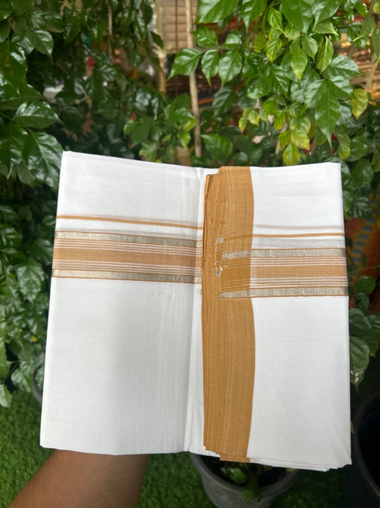 25% Discount!!! KaithariKada Handloom Unakkupaav Balaramapuram - 100% Pure Cotton Pure White Double Mundu/Dhoti - 80x90 - 1.5 inch Silver kasav & cadmium orange striped kara 4 Mtr (8.5 Muzham) - 17 KK5263 YAR