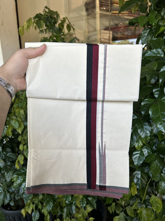 Dmk Veshti - 20% Discount !! KaithariKada Balaramapuram 100% Cotton Single Off White - (Unbleached) Mundu/Dhoti-100X100 - 1 inch Puliyilakkara Maroon & Black Chutty Kara (2 meter / 4 muzham) - 10 KK5335 ASH