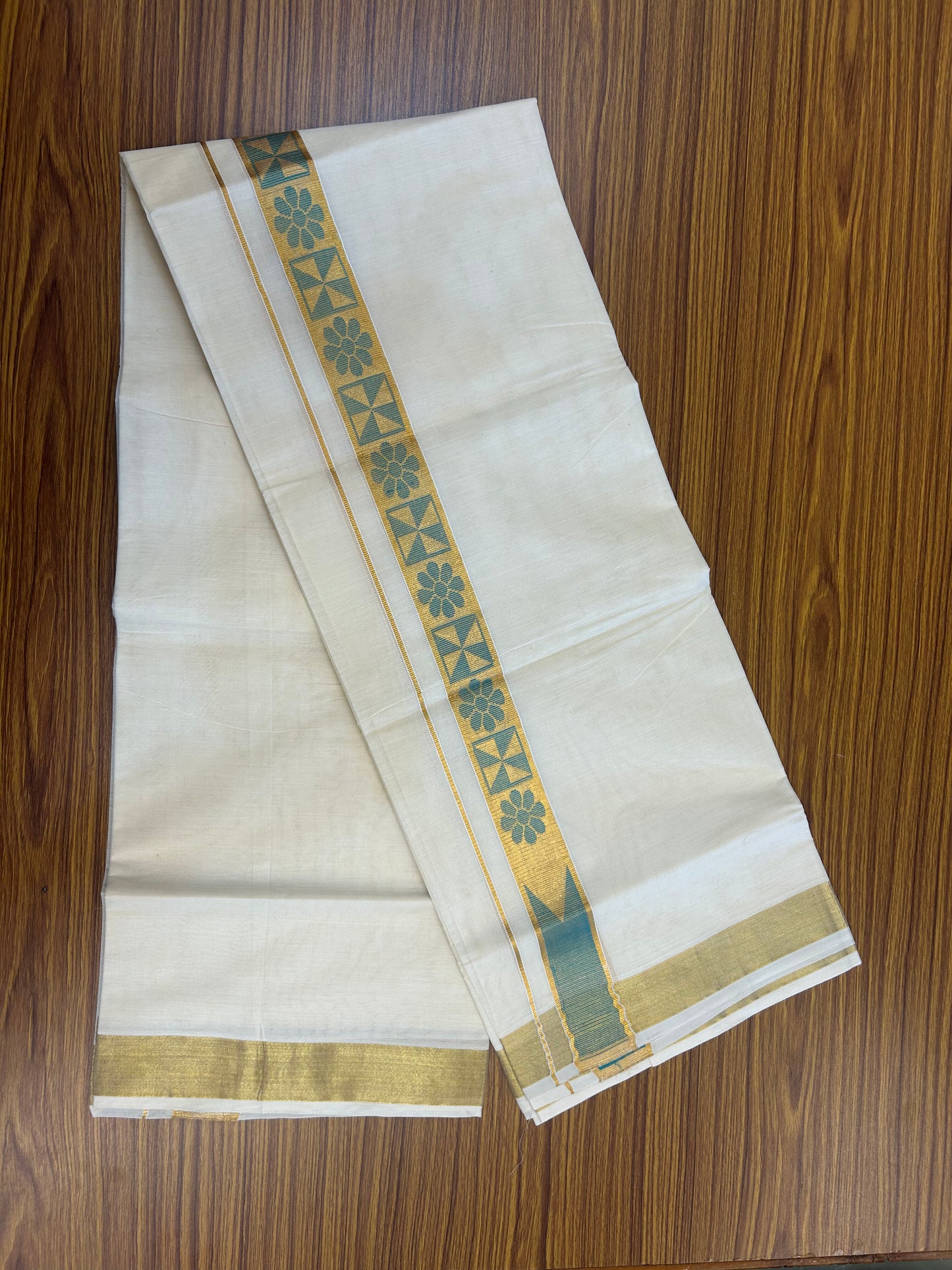 20% Discount! KaithariKada Balaramapuram Double Off White - (Unbleached) Mund/Dhoti - Mixed Cotton (80s) - 1.5 inch Kasav Turquoise Green Jacquard design chutty Kara 4.00 mtr (8.5 Muzham) - 203 KK5361 PMC