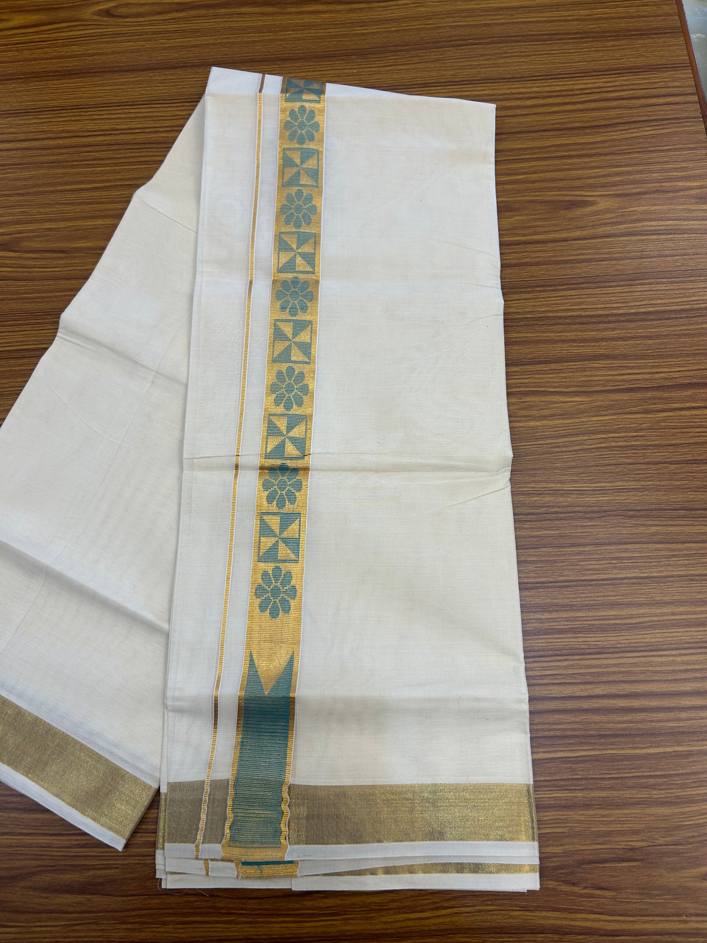 20% Discount! KaithariKada Balaramapuram Double Off White - (Unbleached) Mund/Dhoti - Mixed Cotton (80s) - 1.5 inch Kasav Turquoise Green Jacquard design chutty Kara 4.00 mtr (8.5 Muzham) - 203 KK5361 PMC