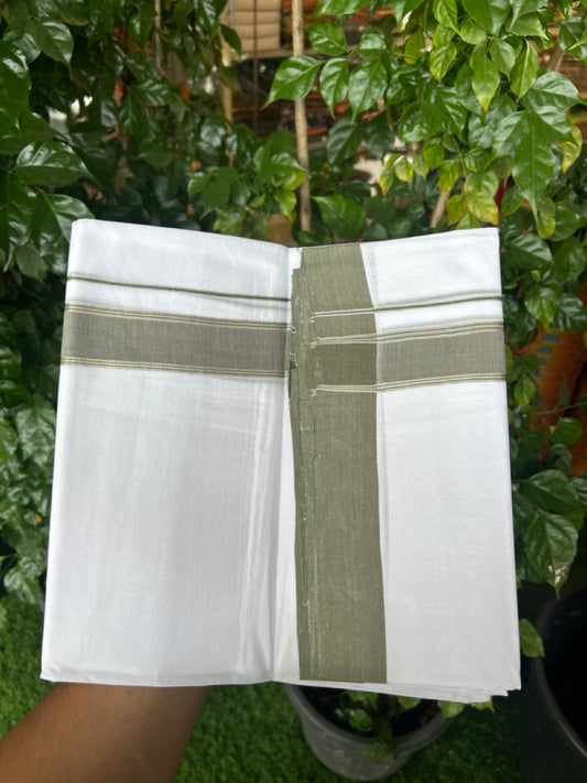 KaithariKada Handloom Millpaav Balaramapuram - 100% Pure Cotton Double Mundu/Dhoti Pure white - 80x90 - 1.25 inch Silver Kasav Sage Green & Brown Striped Kara 4 mtr (8.5 Muzham) - 23 KK5263 YAR