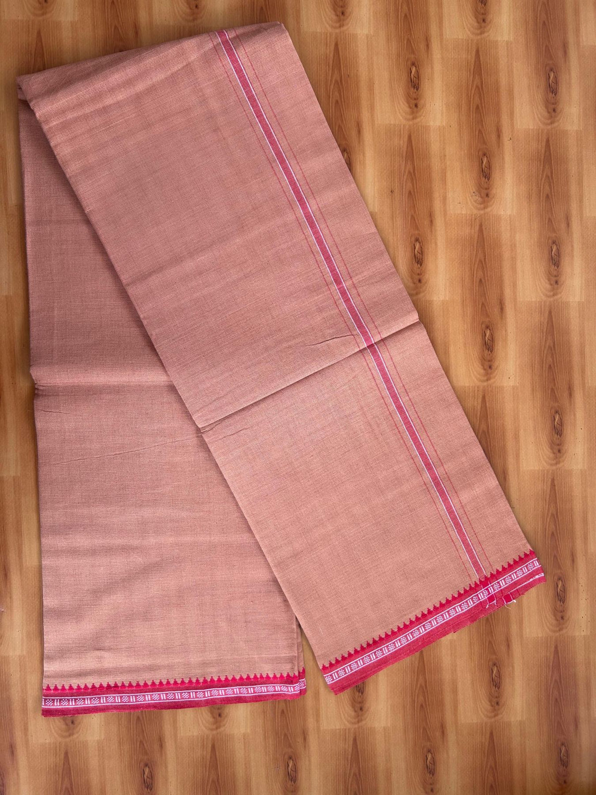 Premium Kathar Type Kavi Mund Pure cotton - Kaitharikada - Single Kaily / Lungi - 1 inch White & Red Striped kara kuppadam Border with Kavi colour body (2 meter / 4 muzham) - 3 KK8079 MUT