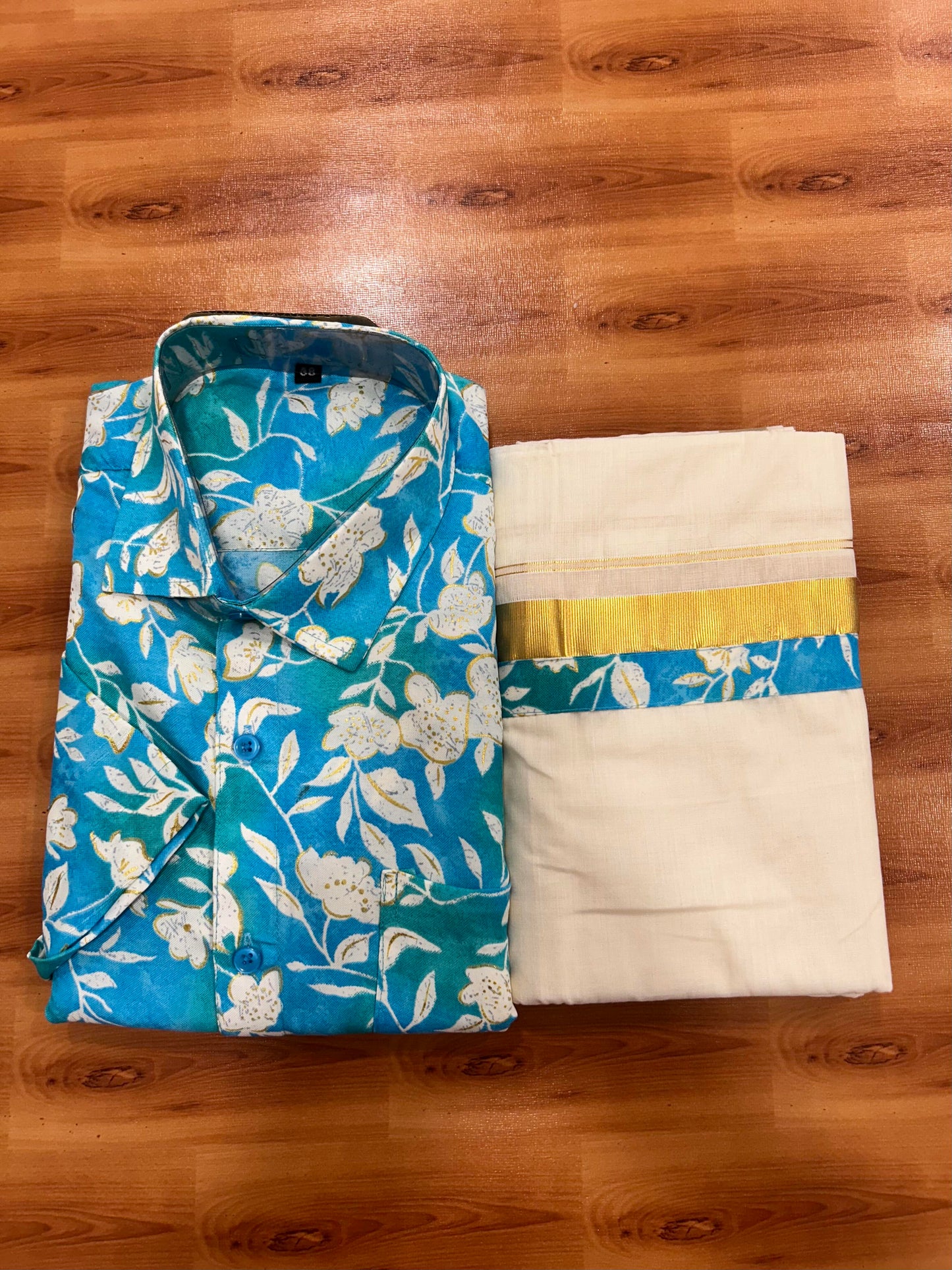 Combo Shirt Mund Mixed cotton - Half Sleeve - KaithariKada - Gold Kasav Turquoise & Blue Flower Printed Design - 2 KK5447 ARU