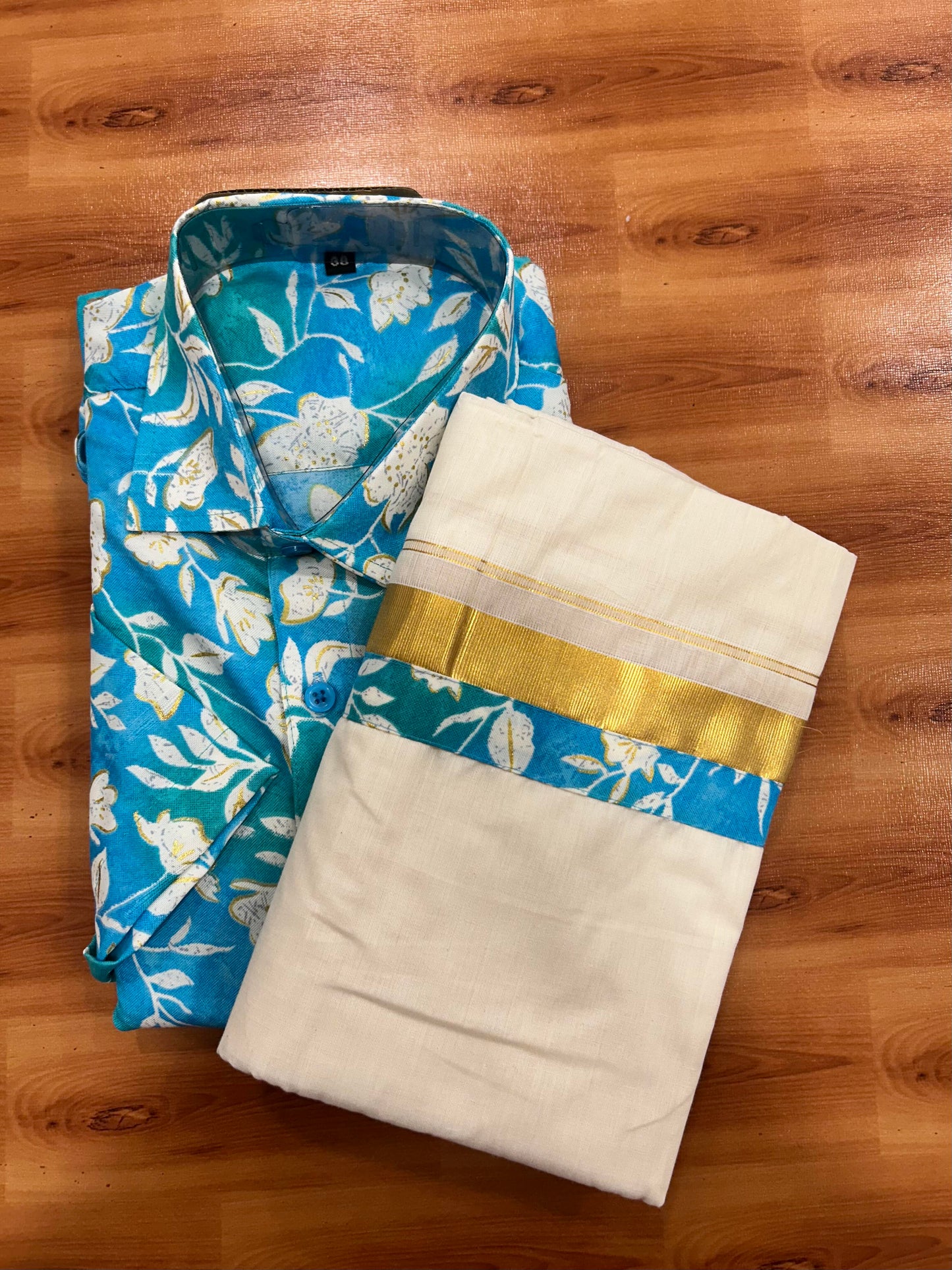 Combo Shirt Mund Mixed cotton - Half Sleeve - KaithariKada - Gold Kasav Turquoise & Blue Flower Printed Design - 2 KK5447 ARU