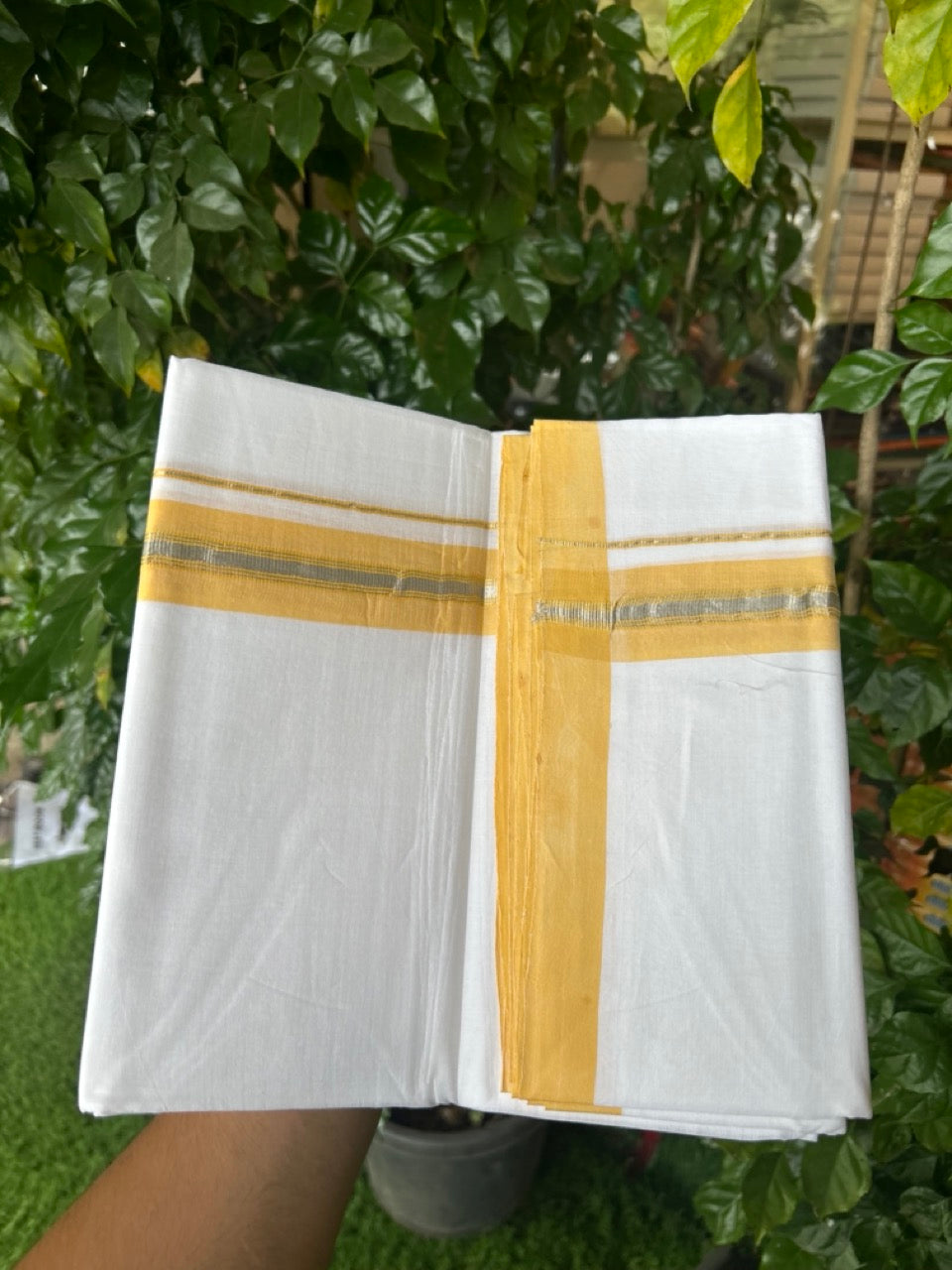 KaithariKada Handloom Millpaav Balaramapuram - 100% Pure Cotton Double Mundu/Dhoti Pure white - 80x90 - 1.25 inch Silver Kasav & Yellow Shaded Striped Kara 4 mtr (8.5 Muzham) - 33 KK5263 YAR