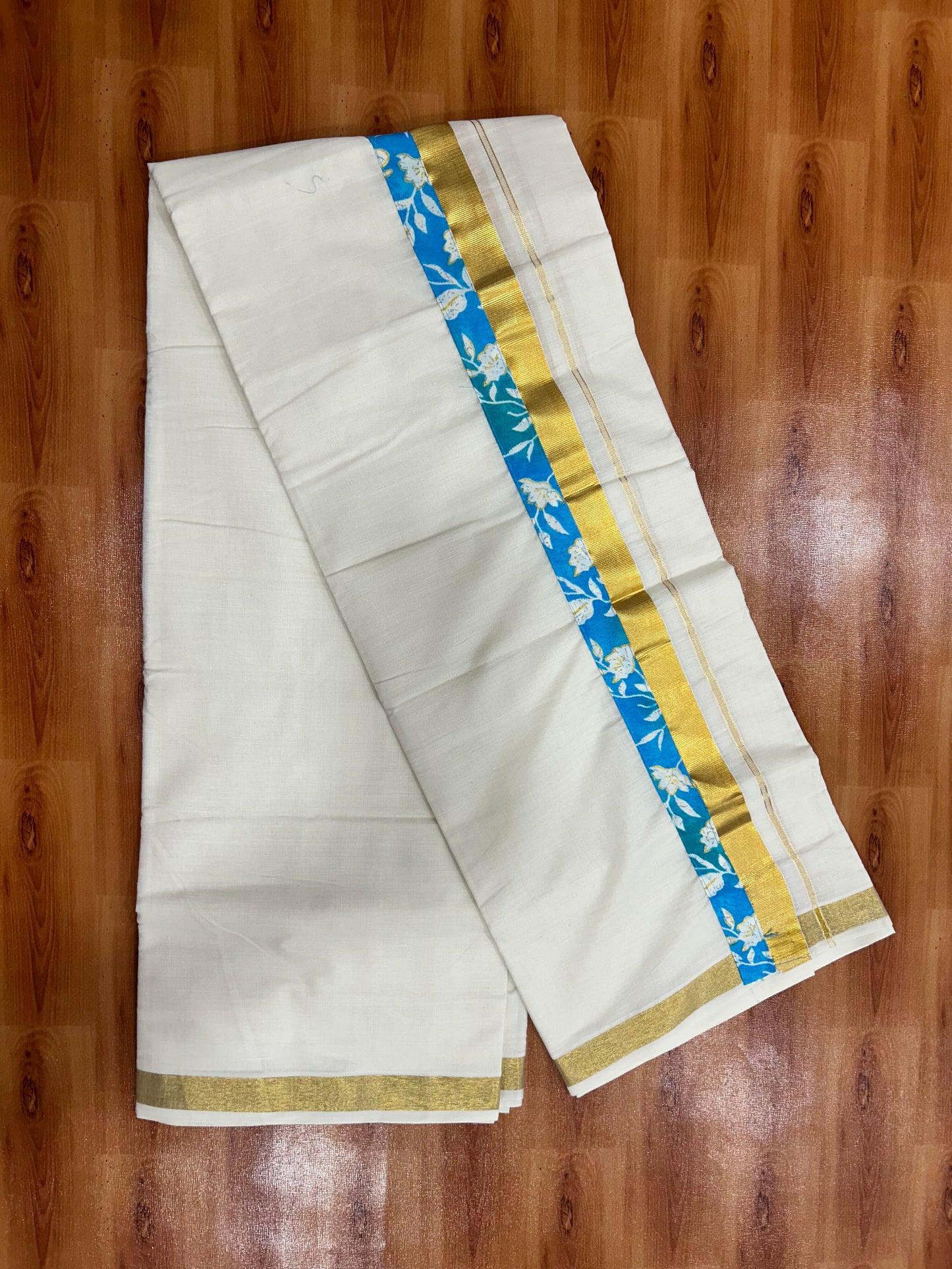 Combo Shirt Mund Mixed cotton - Half Sleeve - KaithariKada - Gold Kasav Turquoise & Blue Flower Printed Design - 2 KK5447 ARU