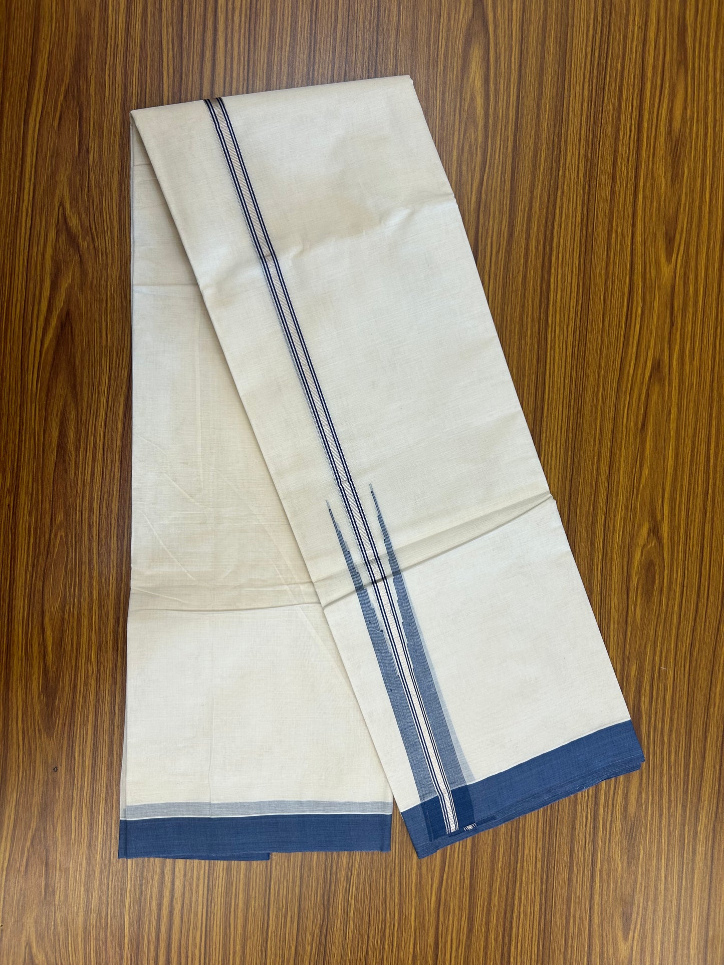 20% Discount ! KaithariKada Balaramapuram 100% Cotton Double Off White (unbleached) Mundu/Dhoti- 100x80- 1.75 inch Puliyilakkara Silver Kasavu & Deep Sea Blue Striped Chutty Kara 4 mtr (8.5 muzham) - 224 KK5361 PMC