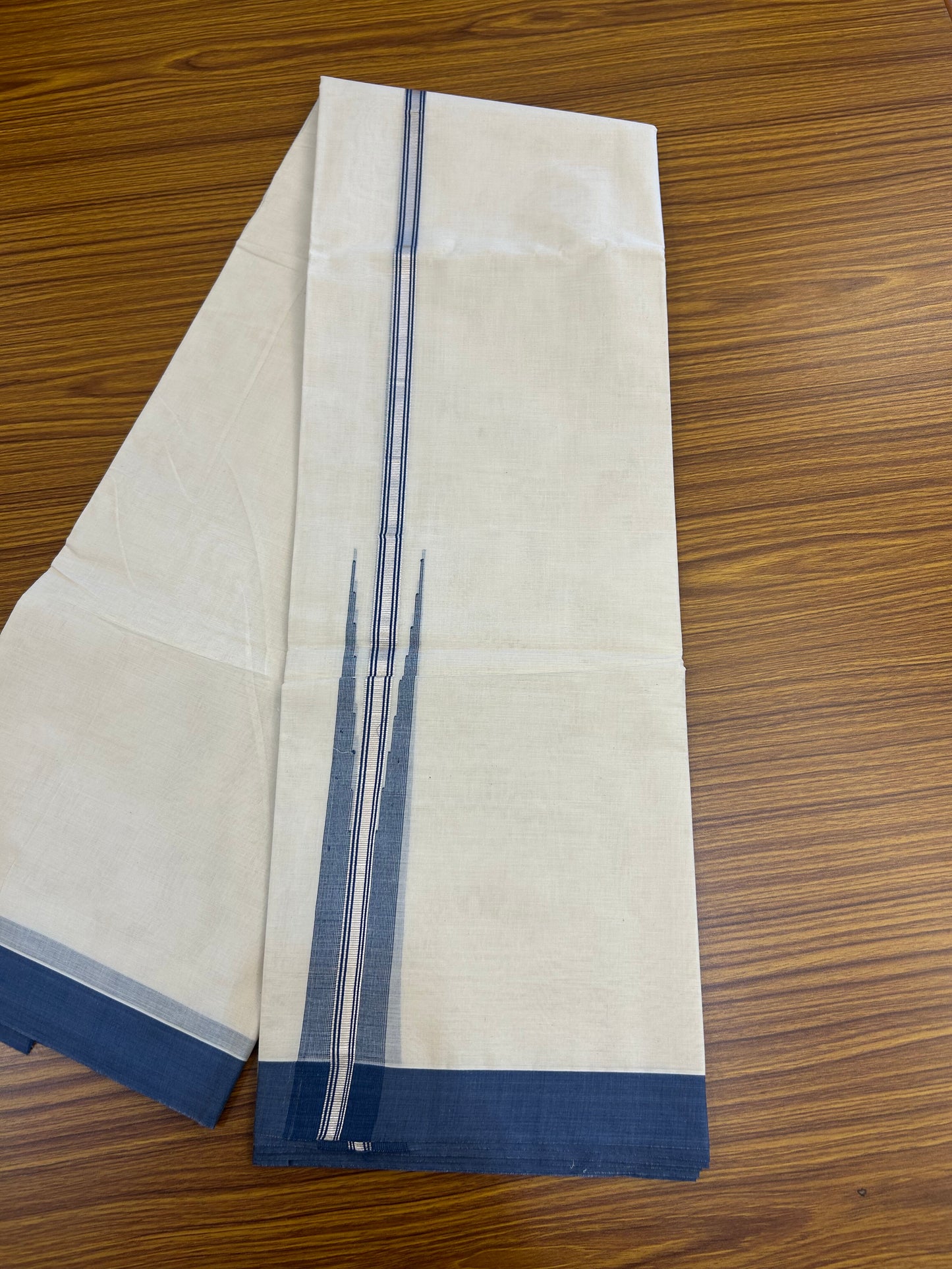 20% Discount ! KaithariKada Balaramapuram 100% Cotton Double Off White (unbleached) Mundu/Dhoti- 100x80- 1.75 inch Puliyilakkara Silver Kasavu & Deep Sea Blue Striped Chutty Kara 4 mtr (8.5 muzham) - 224 KK5361 PMC