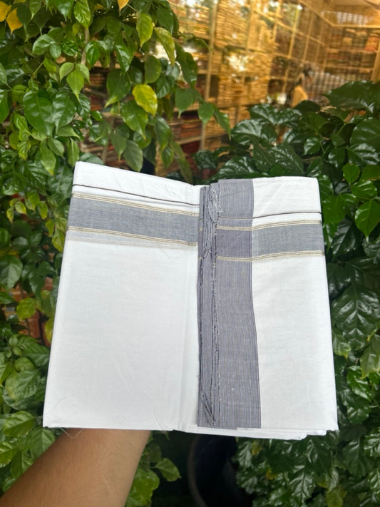 KaithariKada Handloom Millpaav Balaramapuram - 100% Pure Cotton Double Mundu/Dhoti Pure white - 80x90 - 1.5 inch Silver Kasav & Navy Blue Striped Kara 4 mtr (8.5 Muzham) - 31 KK5263 YAR