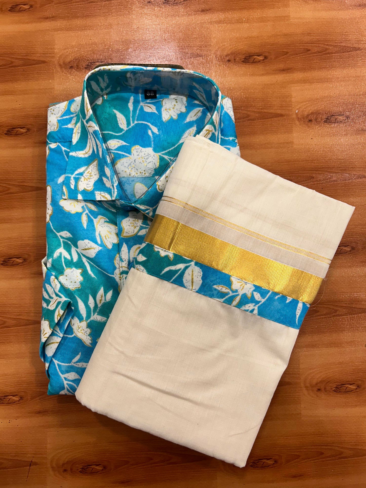 Combo Shirt Mund Mixed cotton - Half Sleeve - KaithariKada - Gold Kasav Turquoise & Blue Flower Printed Design - 2 KK5447 ARU