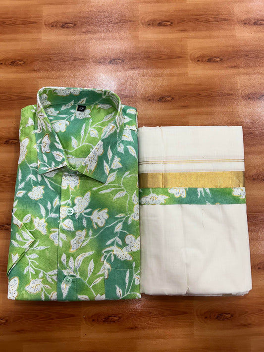 Combo Shirt Mund Mixed cotton - Half Sleeve - KaithariKada - Gold Kasav Green & Parrot Green Flower Printed Design - 4 KK5447 ARU