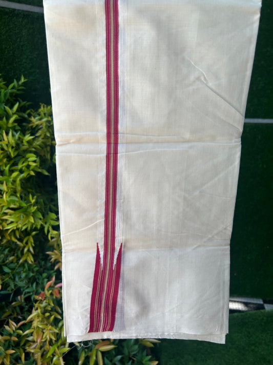 20% DISCOUNT!! KaithariKada Balaramapuram Pure Cotton DOUBLE OFF WHITE - (Unbleached) - Mundu/Dhoti - 100x80 - 1.25 inch Puliyilakkara Dark Red & Sand Brown Chutty - 20KK5171GAN