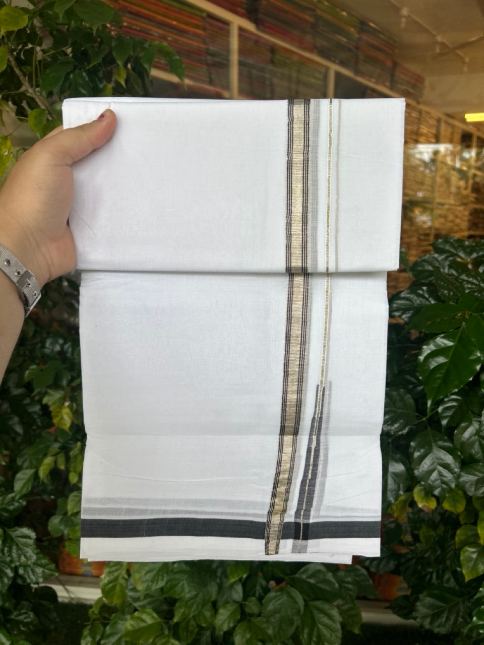 KaithariKada Handloom Millpaav Balaramapuram - 100% Pure Cotton Double Mundu/Dhoti Pure white - 80x90 - 0.5 inch Puliyilakkara Silver Kasav & Black Striped Chutty Kara 4 mtr (8.5 Muzham) - 41 KK5263 YAR