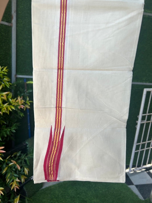 20% DISCOUNT!! KaithariKada Balaramapuram Pure Cotton DOUBLE OFF WHITE - (Unbleached) - Mundu/Dhoti - 100x80 - 1 inch Puliyilakkara Maroon & Kasav Chutty - 12KK5171GAN