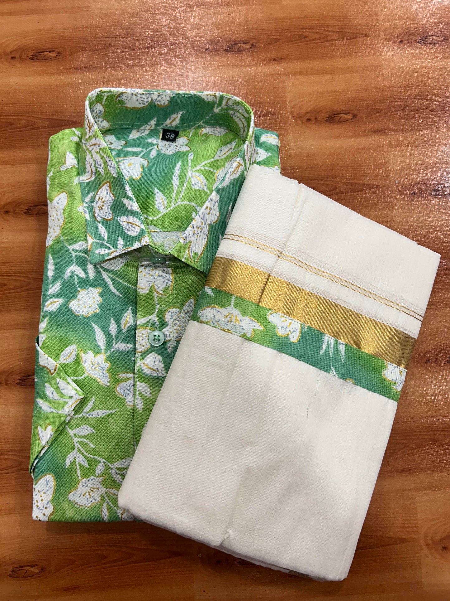 Combo Shirt Mund Mixed cotton - Half Sleeve - KaithariKada - Gold Kasav Green & Parrot Green Flower Printed Design - 4 KK5447 ARU