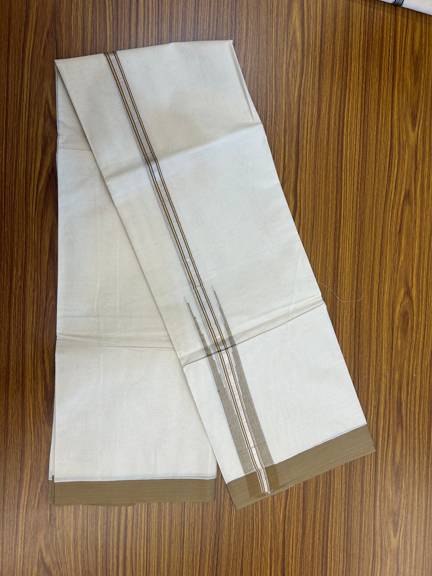 20% Discount ! KaithariKada Balaramapuram 100% Cotton Double Off White (unbleached) Mundu/Dhoti- 100x80- 1.75 inch Puliyilakkara Silver Kasavu & Sand Brown Striped Chutty Kara 4 mtr (8.5 muzham) - 225 KK5361 PMC