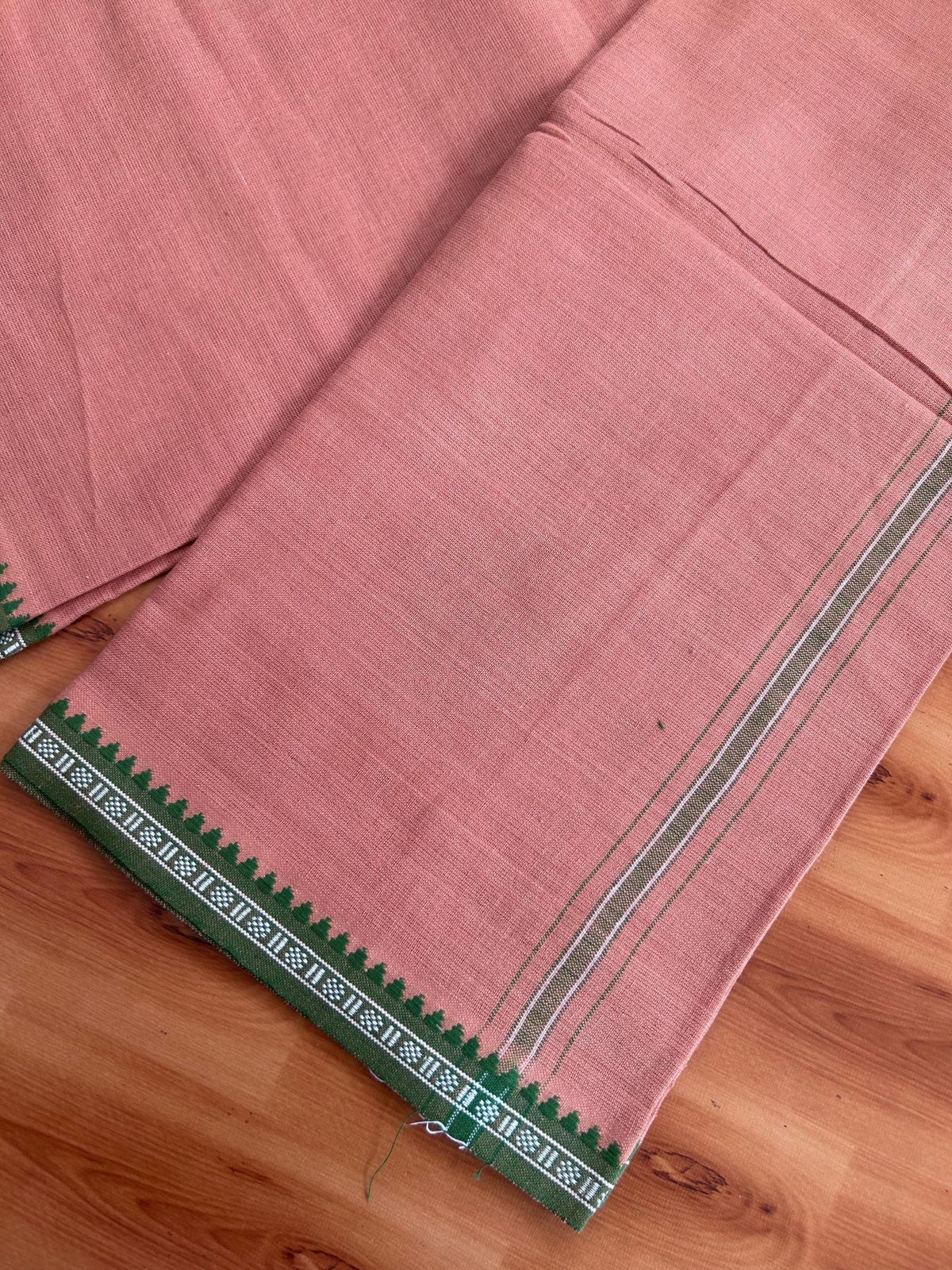 Premium Kathar Type Kavi Mund Pure cotton - Kaitharikada - Single Kaily / Lungi - 1 inch White & Green Striped kara kuppadam Border with Kavi colour body (2 meter / 4 muzham) - 7 KK8079 MUT