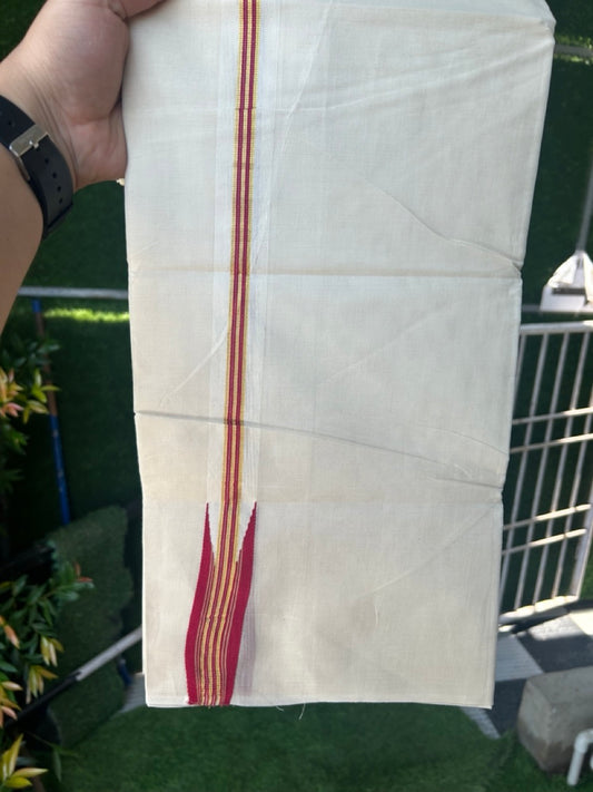 20% DISCOUNT!! KaithariKada Balaramapuram Pure Cotton DOUBLE OFF WHITE - (Unbleached) - Mundu/Dhoti - 100x80 - 1 inch Puliyilakkara Maroon & Kasav Chutty - 11KK5171GAN