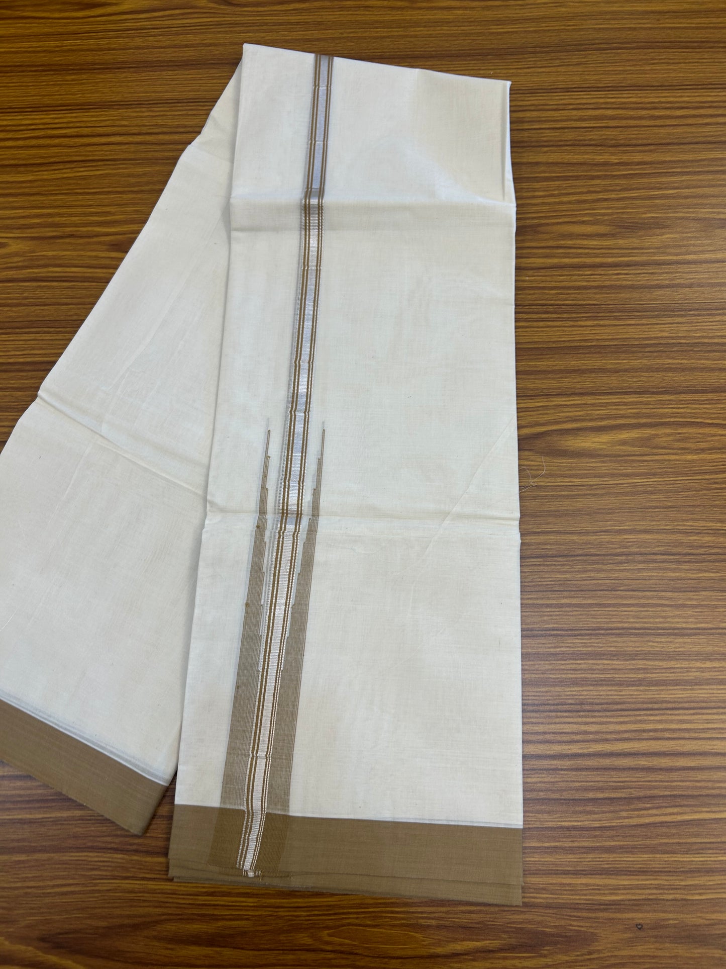 20% Discount ! KaithariKada Balaramapuram 100% Cotton Double Off White (unbleached) Mundu/Dhoti- 100x80- 1.75 inch Puliyilakkara Silver Kasavu & Sand Brown Striped Chutty Kara 4 mtr (8.5 muzham) - 225 KK5361 PMC