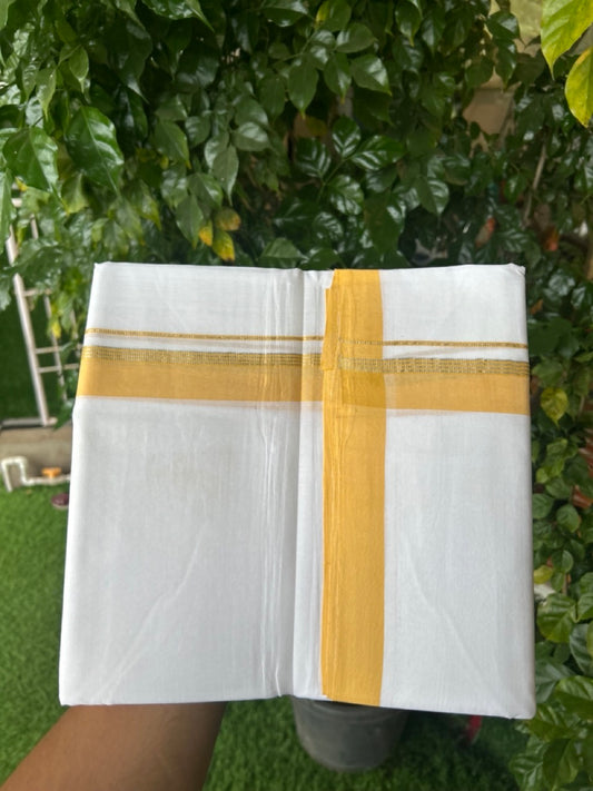 KaithariKada Handloom Millpaav Balaramapuram - 100% Pure Cotton Double Mundu/Dhoti Pure white - 80x90 - 1.25 inch Silver Kasav & Yellow Striped Kara 4 mtr (8.5 Muzham) - 25 KK5263 YAR