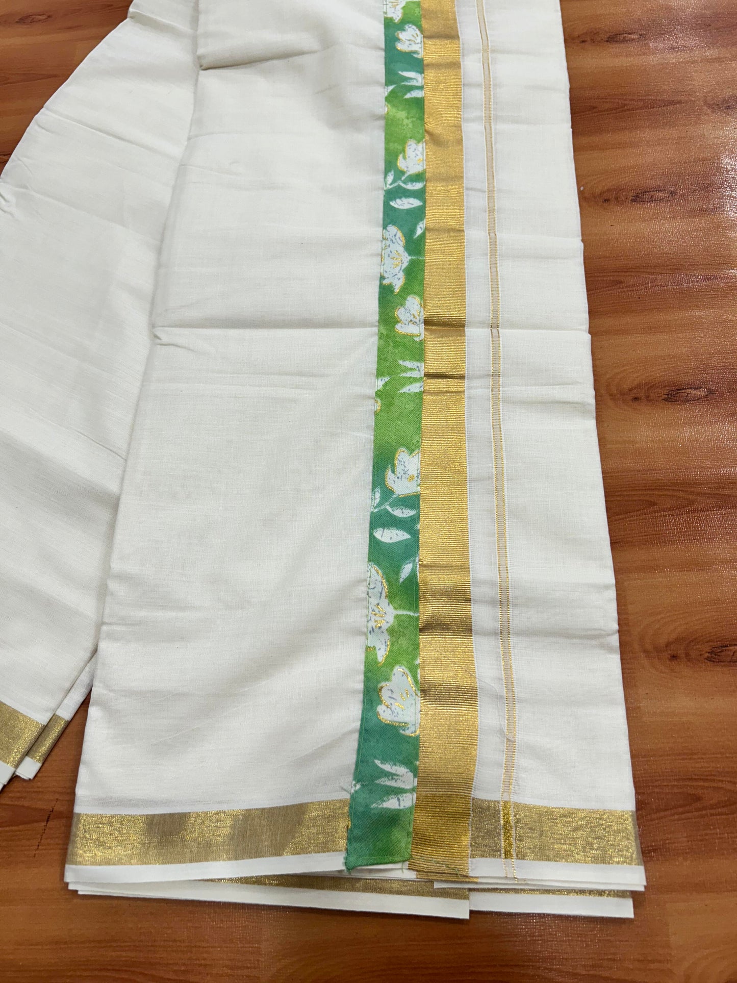 Combo Shirt Mund Mixed cotton - Half Sleeve - KaithariKada - Gold Kasav Green & Parrot Green Flower Printed Design - 4 KK5447 ARU