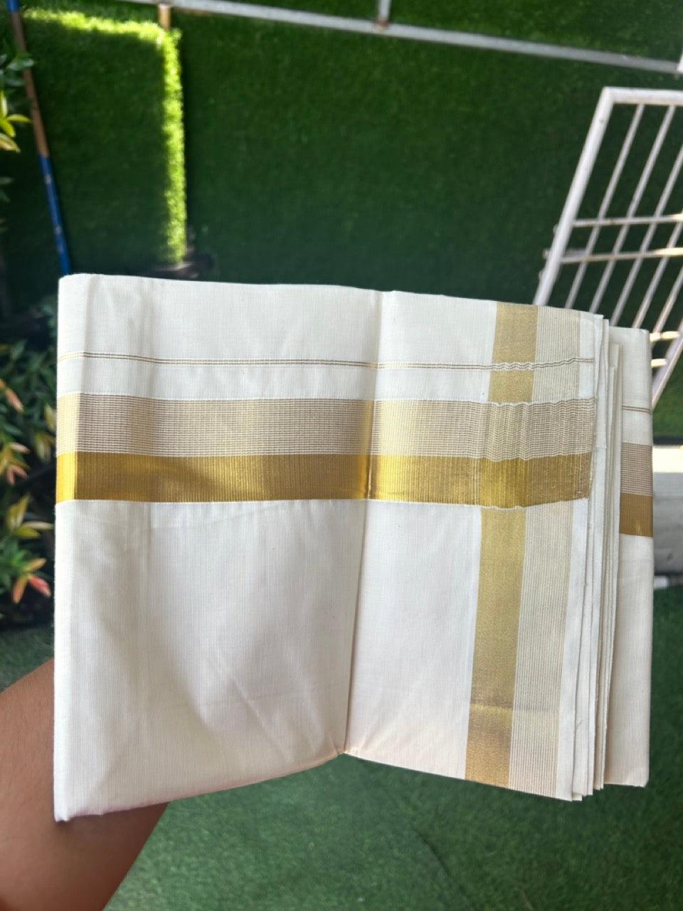 20% DISCOUNT!! KaithariKada Balaramapuram Pure Cotton DOUBLE OFF WHITE - (Ubleached) Mundu/Dhoti - 80x72 - 2 inch KASAVU Stripes Kara - 10KK5171GAN