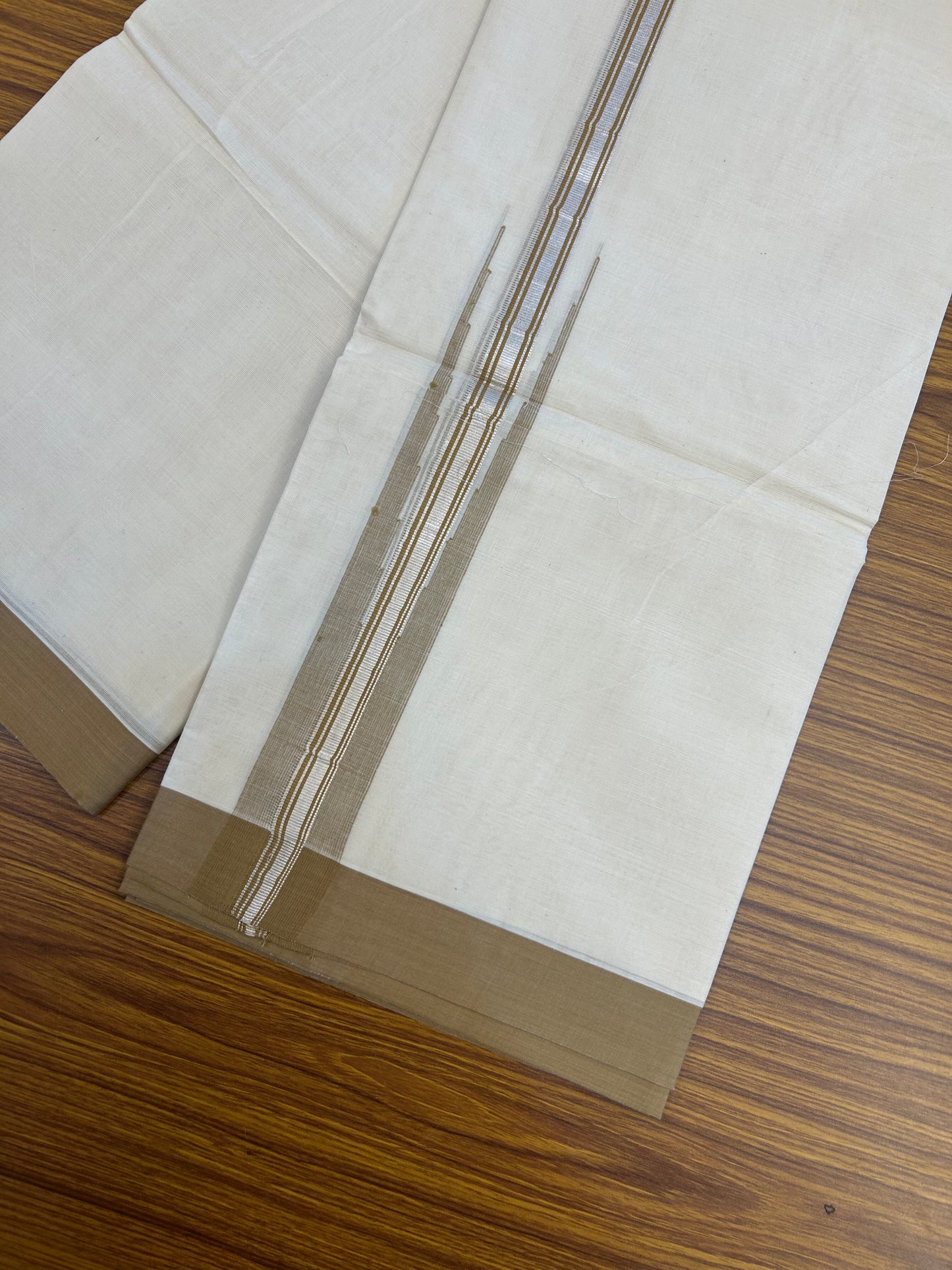 20% Discount ! KaithariKada Balaramapuram 100% Cotton Double Off White (unbleached) Mundu/Dhoti- 100x80- 1.75 inch Puliyilakkara Silver Kasavu & Sand Brown Striped Chutty Kara 4 mtr (8.5 muzham) - 225 KK5361 PMC