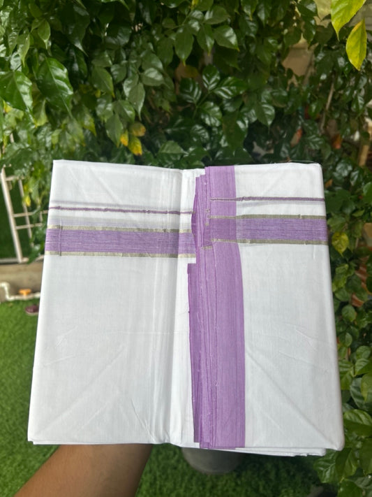 KaithariKada Handloom Millpaav Balaramapuram - 100% Pure Cotton Double Mundu/Dhoti Pure white - 80x90 - 1 inch Silver Kasav & Purple Lavender Shaded Kara 4 mtr (8.5 Muzham) - 24 KK5263 YAR