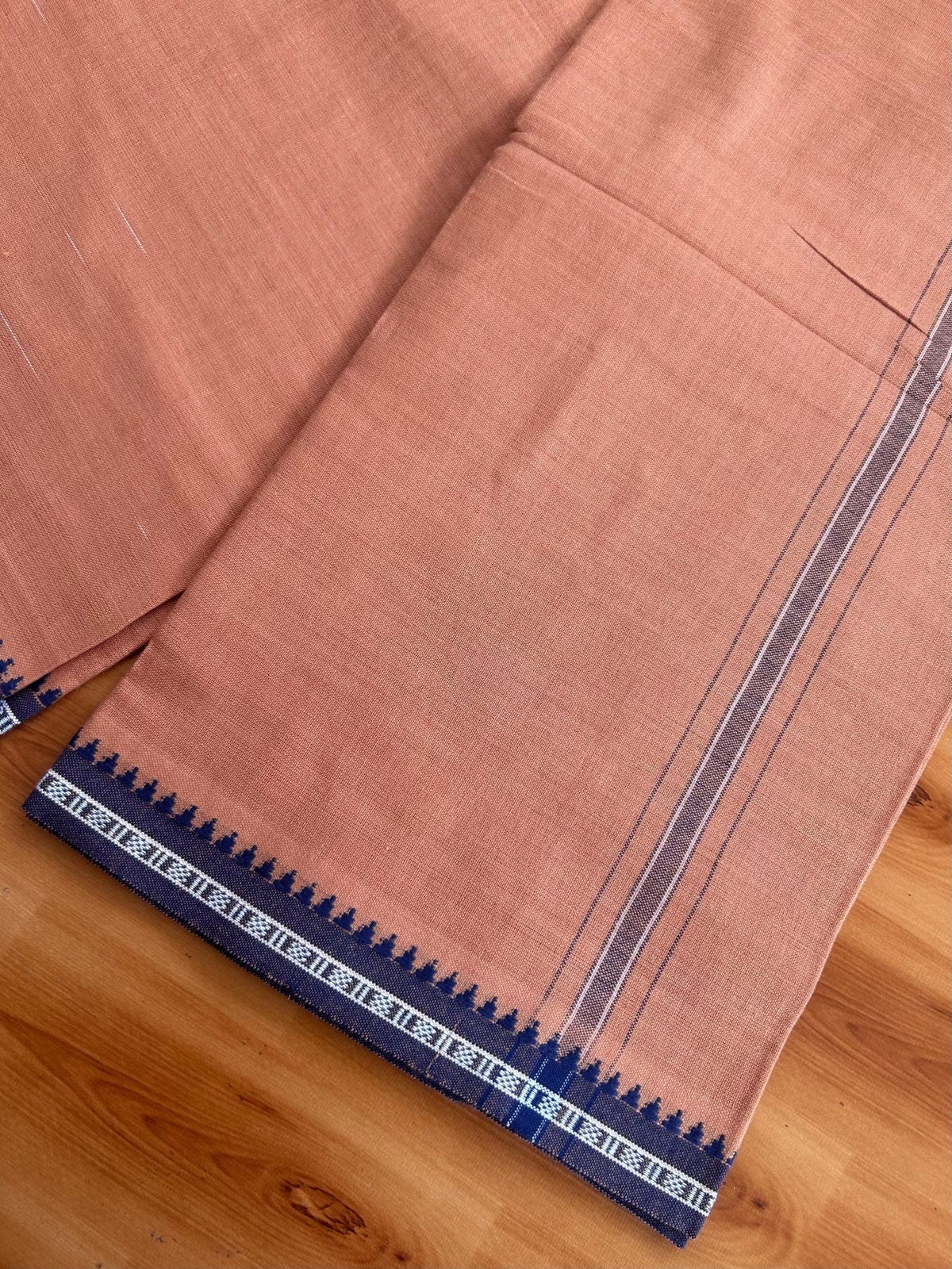 Premium Kathar Type Kavi Mund Pure cotton - Kaitharikada - Single Kaily / Lungi - 1 inch White & Navy Blue Striped kara kuppadam Border with Kavi colour body (2 meter / 4 muzham) - 8 KK8079 MUT